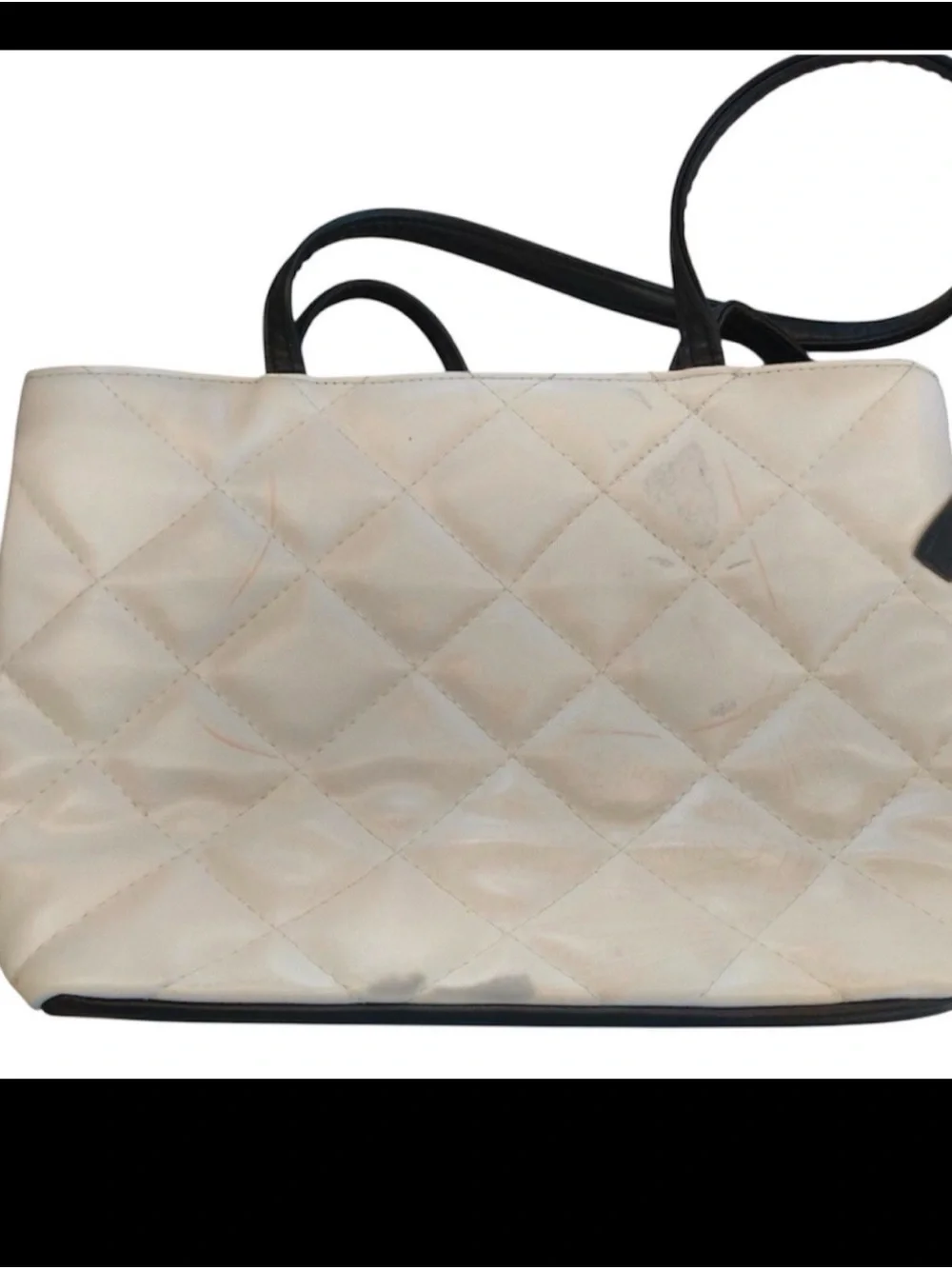 White Quilted Tote with Black Trim and Logo Accent